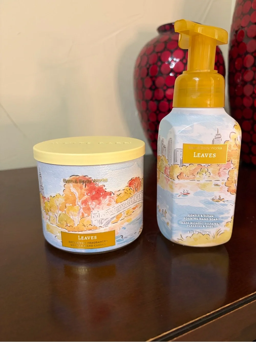 Bath & Body Works Leaves Scented 3 Wick Candle and Foaming Hand Soap Set